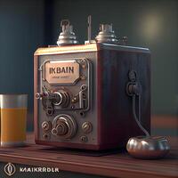 3d rendering of an old telephone with a glass of orange juice, Image photo