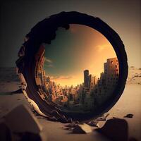 City view through a broken hole in the ground. 3d rendering, Image photo