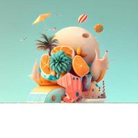 Funny monster with palm trees and fruits. 3D illustration., Image photo