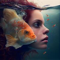 Beautiful girl with goldfish in water. 3d rendering., Image photo