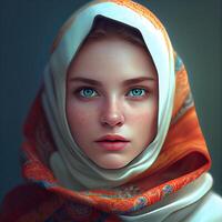 Portrait of beautiful young muslim woman with red lips and blue eyes., Image photo