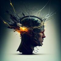 Abstract human head with sound waves and lighting effects. 3D rendering, Image photo