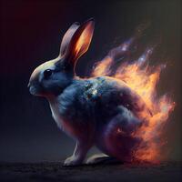 Rabbit and fire on dark background. 3d render illustration., Image photo