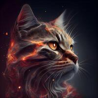 Beautiful cat with red fire flames on a dark background. 3d rendering, Image photo