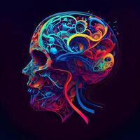 Colorful illustration of human skull with abstract pattern on the head., Image photo