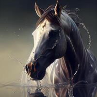 Beautiful horse in water with splashes of water. 3d rendering, Image photo