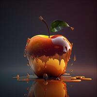 Falling apple with a drop of chocolate on a dark background., Image photo