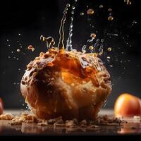 Splash of orange juice in a bun on a black background., Image photo