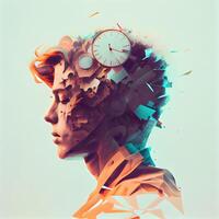 Double exposure portrait of human head with clock and time. Time concept, Image photo