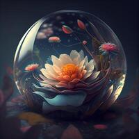 3d representación de un cristal pelota con flores dentro en oscuro fondo, ai generativo imagen foto