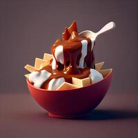 3d rendering of a bowl of ice cream topped with chocolate and caramel, Image photo