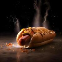 Hot dog with mustard on a black background. Selective focus., Image photo