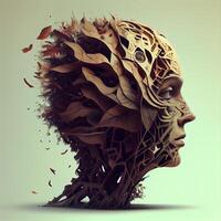 Human head made of leaves and roots. 3d render illustration., Image photo