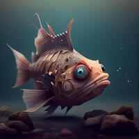 Cute fish on dark background. 3D illustration. Vintage style., Image photo