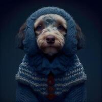 Portrait of a dog in a warm knitted scarf on a dark background., Image photo