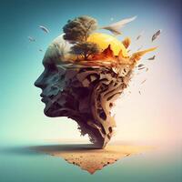 Human head with summer vacation concept. 3d rendering toned image, Image photo