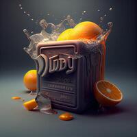 Citrus juice in a black box. 3d illustration., Image photo