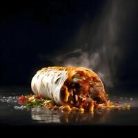 burrito con carne y vegetales en un oscuro antecedentes. mexicano alimento., ai generativo imagen foto