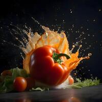 rojo campana pimienta con agua chapoteo en un negro antecedentes. cerca arriba, ai generativo imagen foto