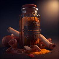 3d illustration of a glass jar with cocoa powder, beans and cinnamon sticks, Image photo