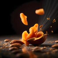 Mix of dried fruits and nuts in a basket on a black background, Image photo