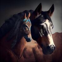 Two horses in the desert on a dark background. Digital painting., Image photo