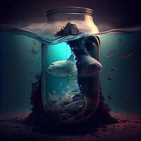 Dangerous shark swimming in a glass jar. 3d rendering, Image photo