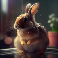 Cute little rabbit sitting on the windowsill and looking at the camera, Image photo