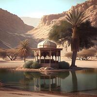 Kiosko en el desierto, 3d digitalmente prestados ilustración, ai generativo imagen foto