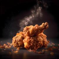 Fried chicken on a black background with smoke. Selective focus., Image photo