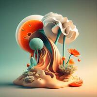 3d illustration of abstract fantasy landscape with flowers and planet. 3d rendering, Image photo