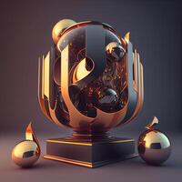 3d representación de un dorado trofeo con un lote de esferas alrededor él, ai generativo imagen foto