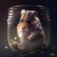 Hamster in a glass jar with seeds on a dark background., Image photo