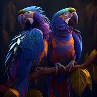 Colorful macaw parrots sitting on a branch. 3d rendering, Image photo