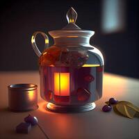 Hot tea in a glass jar on a table. 3d rendering, Image photo