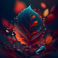 otoño hojas y agua gotas en oscuro antecedentes. 3d ilustración, ai generativo imagen foto