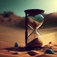 Sandglass in the desert. Time passing concept. Sand clock on sand background, Image photo