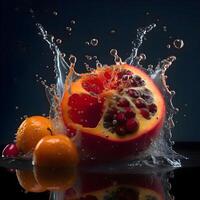 Fruta salpicaduras en agua en negro fondo, cerca arriba, ai generativo imagen foto