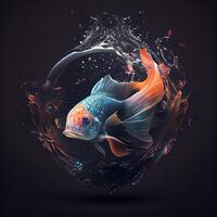 Beautiful goldfish in the water on a black background. 3d rendering, Image photo