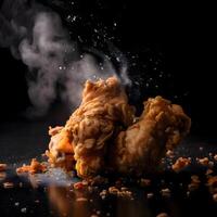 Fried chicken on a black background with smoke. Toned., Ai Generative Image photo