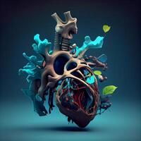 humano corazón anatomía. 3d hacer en azul antecedentes con Copiar espacio, ai generativo imagen foto