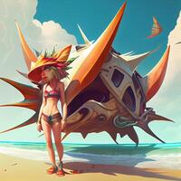 3d illustration of a beautiful girl in a swimsuit and a wreath on her head, Image photo