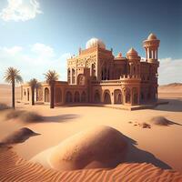 Mosque in the desert. 3D illustration. Vintage style., Image photo