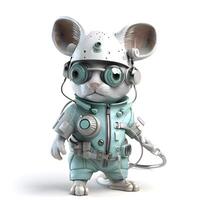 3D rendering of a cute cartoon mouse with headphones on white background, Image photo