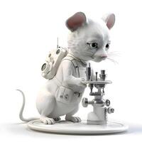 White cat with microscope isolated on white background. 3D illustration., Image photo