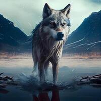 Digital painting of a wolf standing in the water with mountains in the background, Image photo