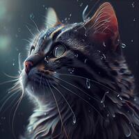 Fantasy portrait of a cat with raindrops. 3D rendering, Image photo