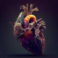 humano corazón en un oscuro antecedentes. 3d ilustración, 3d prestar, ai generativo imagen foto