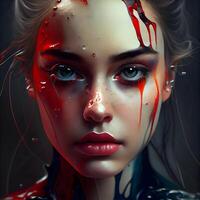 Portrait of a beautiful girl with red blood on her face., Image photo