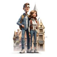 3D illustration of a young couple with suitcases on a white background, Image photo